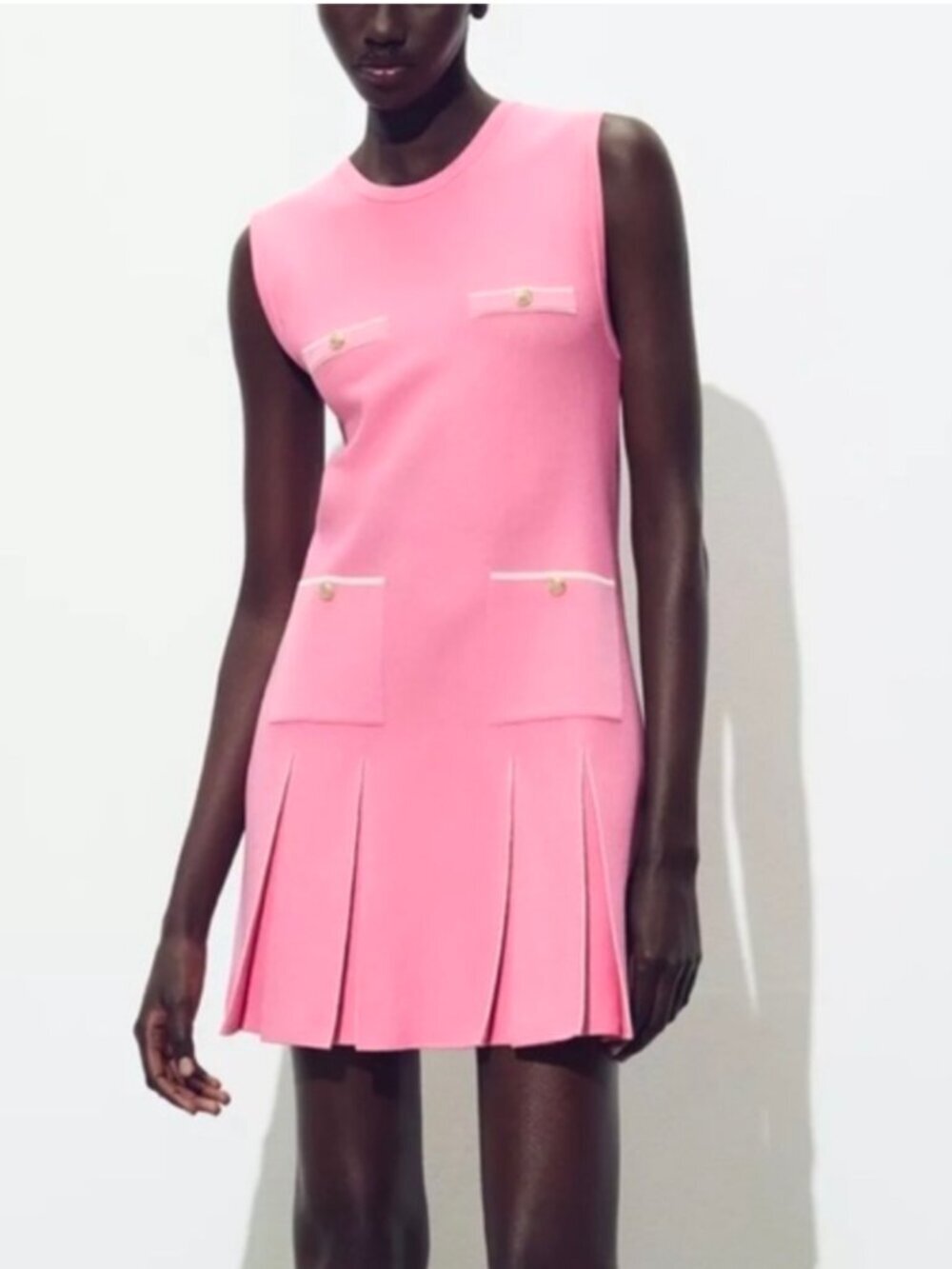 Zara Pink Knit Pleated Mini Shift Dress Size Large